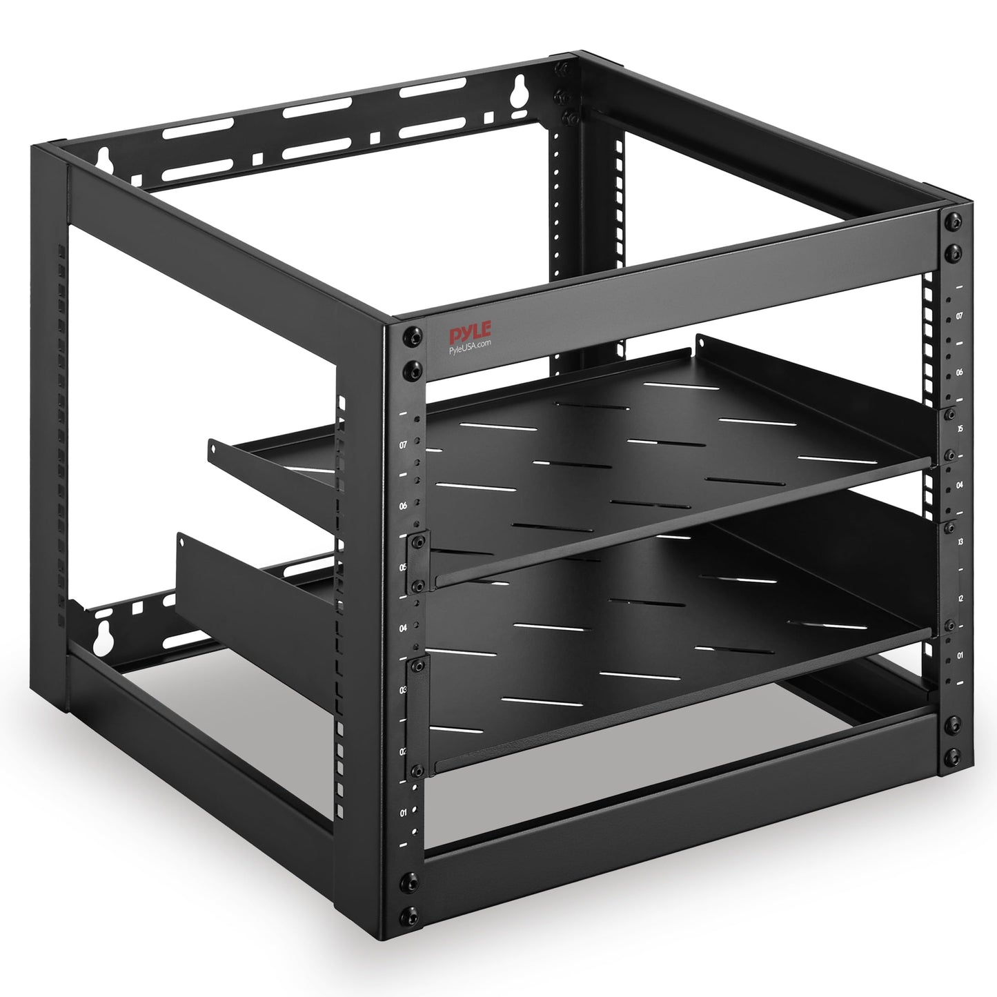 Pyle 10U Network Cabinet - Enclosed Wall Mount Server Rack w/Fan, Lockable Door, Heavy-Duty Wheels, Steel Construction, Vented Shelves, Easy Access, 19" Equipment Compatible, 20 x 20 x 17 in (Black)