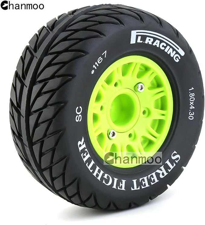 1/10 RC Short Course Truck Tires And Wheels With 12mm 14mm 17mm Hex 113mm 1/8 Rubber Tyres For 1/8 or 1/10 Scale On Road Car HSP Sonic 94102 GT PTG-2 Tamiya TT02 RC Racing Car 4PCS (Green B)