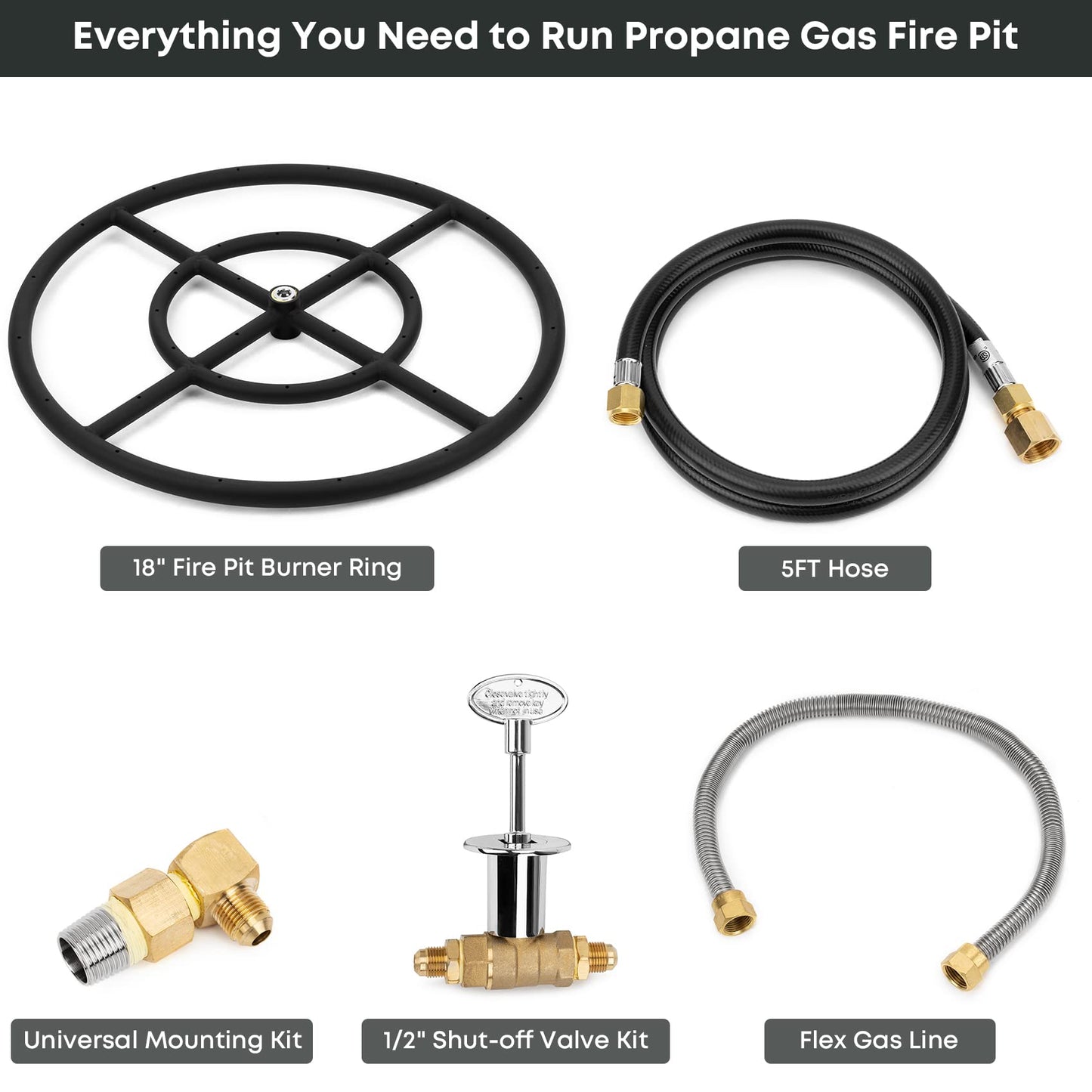 Stanbroil Natural Gas Fire Pit Burner Ring Installation Kit, Black Steel, 18-inch