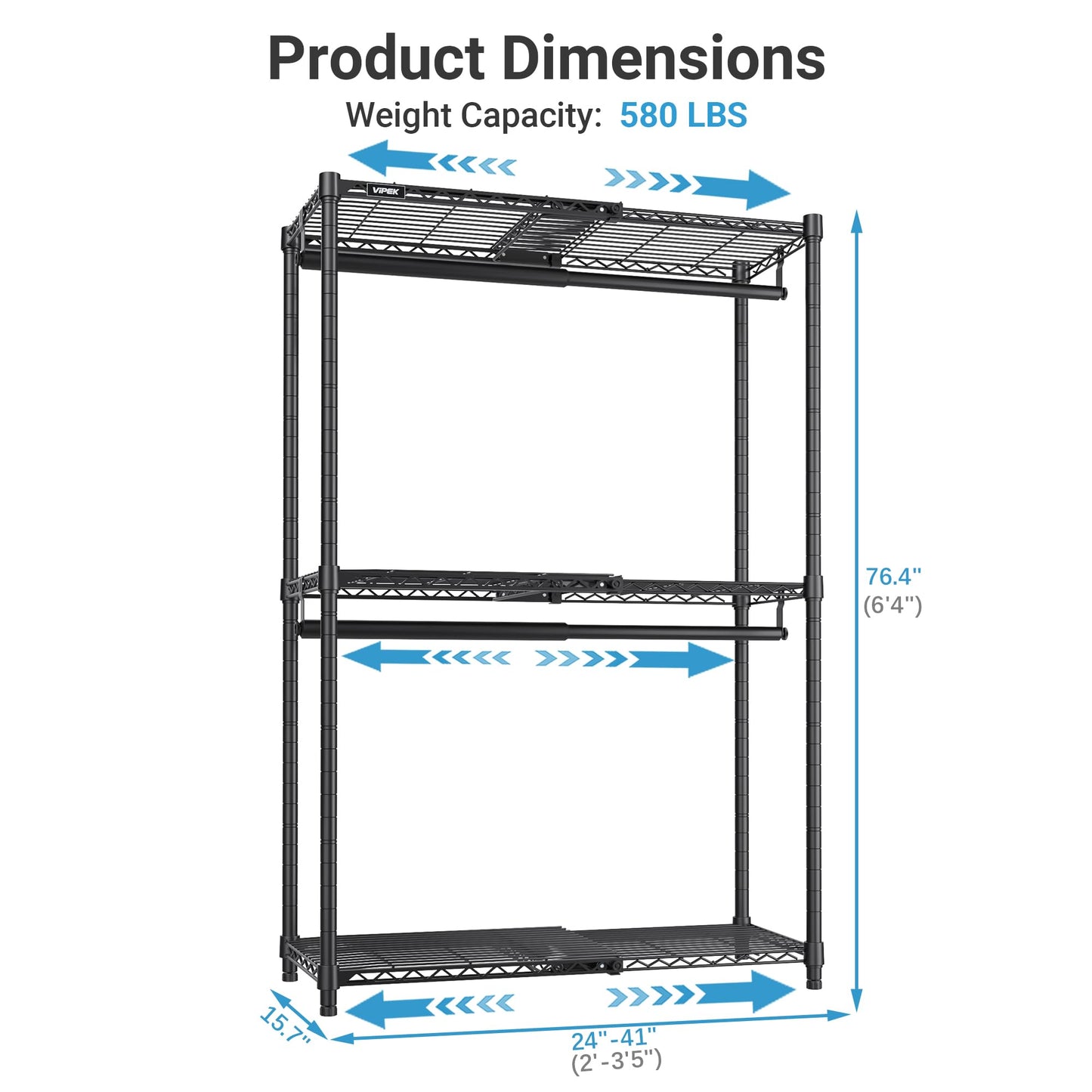VIPEK X1 Expandable Clothes Rack Heavy Duty Adjustable from 2' to 3'5" with Adjustable Shelves and Hanger Rods, Reach-in & Walk-in Closets Metal Garment Racks Portable Closet, Black