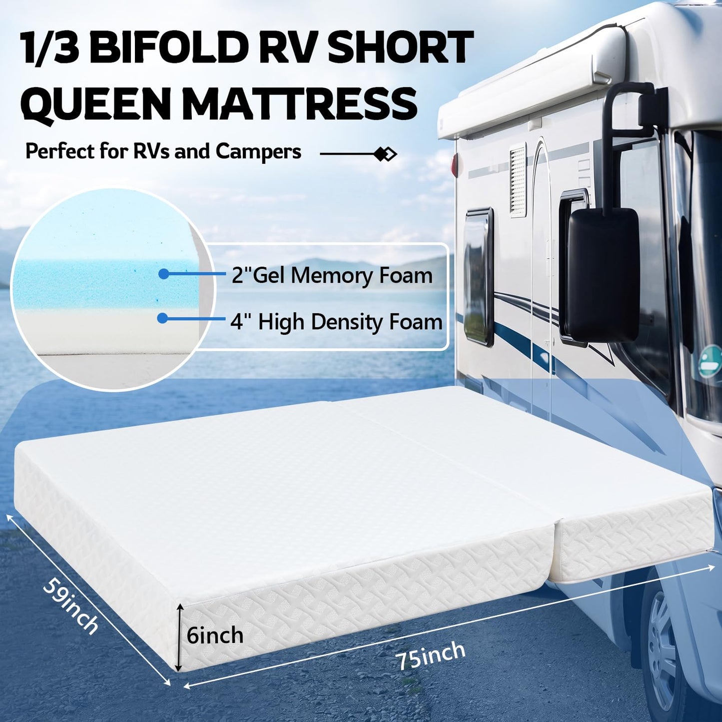 Novabright 1/3 Folding RV Short Queen Mattress, 6 Inch Bifold Memory Foam Mattress with High Resilience Support, Breathable Cover & Zipper Non-Slip Bottom, Certified Safety Foam for RV Camper Trailers