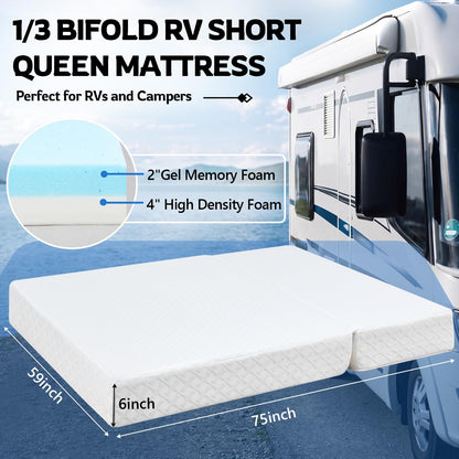 Novabright 1/3 Folding RV Short Queen Mattress, 75" × 59" × 6" Bifold Memory Foam Mattress with High Resilience Support, Breathable Cover & Zipper Non-Slip Bottom for RV Camper Trailers