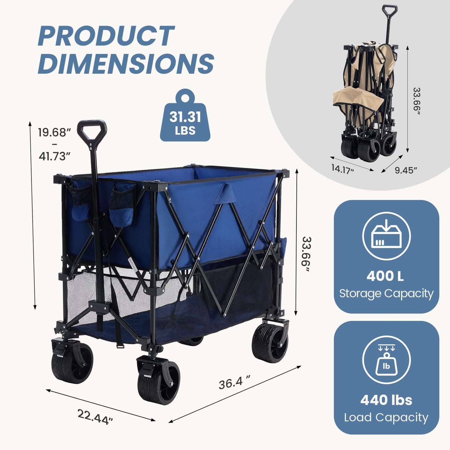 NEWBULIG Large Capacity Folding Double Decker Wagon with Brakes, 440lbs Wagons Carts Foldable Wagon Cart with Flexible Handle, All-Terrain Big Wheels for Grocery Sports Garden Camping