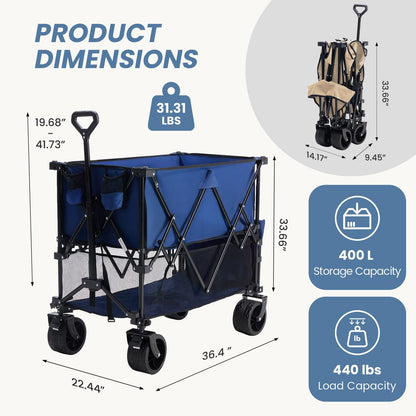 NEWBULIG Large Capacity Folding Double Decker Wagon with Brakes, 440lbs Wagons Carts Foldable Wagon Cart with Flexible Handle, All-Terrain Big Wheels for Grocery Sports Garden Camping