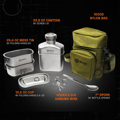 GRITR Titanium Canteen Mess Kit | Compact Portable Camping Open Fire Cookware Set for Backpacking, Hiking, Fishing | Ultralight Durable Outdoor Camp Cooking Utensils - Storage Bag Included