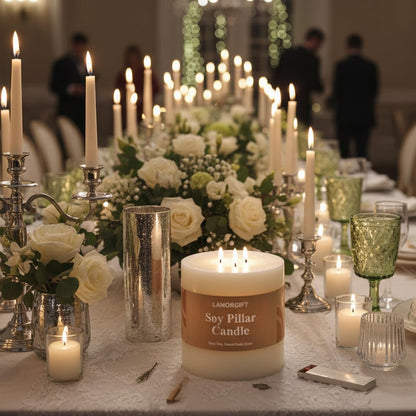 LAMORGIFT 3 Wick Soy Pillar Candle - 6x6” Extra Large Unscented White Pillar Candle, Hand-Poured Soy Wax Candle with Frosted Finish, Long Lasting Large Centerpiece Candle for Home Decor & Weddings