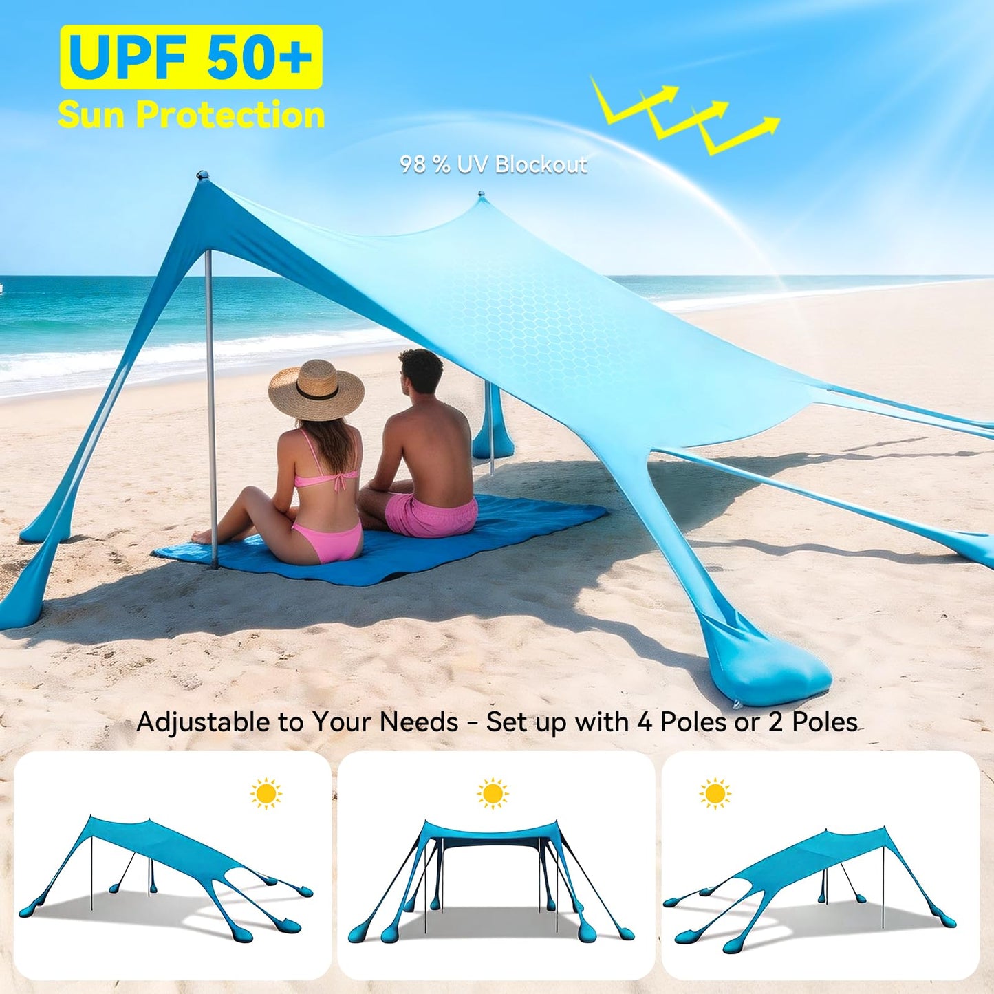 Purebox Beach Tent Sun Shelter - 10x10FT Beach Shade Canopy UPF50+ Protection Easy Setup, with 8 Sandbags, 4 Stability Poles, Sand Shovel, Ground Spikes, Outdoor Shade for Sand, Camping, Fishing