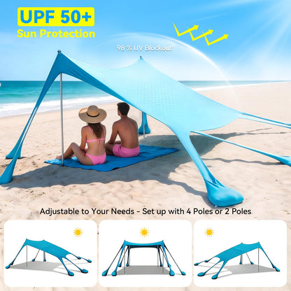 Purebox Beach Tent Sun Shelter - 10x10FT Beach Shade Canopy UPF50+ Protection Easy Setup, with 8 Sandbags, 4 Stability Poles, Sand Shovel, Ground Spikes, Outdoor Shade for Sand, Camping, Fishing