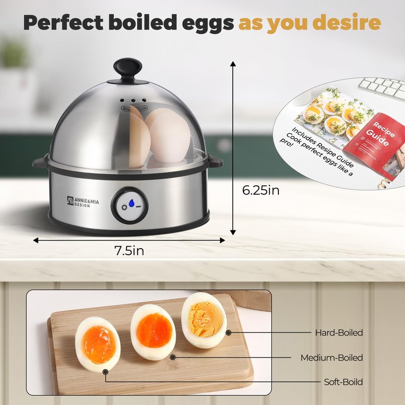 Annie & Mia Design Electric Egg Cooker, All Stainless Steel 7 Egg Capacity egg boiler, 360W, Hard, Medium, Soft Boiled Egg Poacher, egg steamer, Multi-function, Auto Shut-Off Function, BPA-free