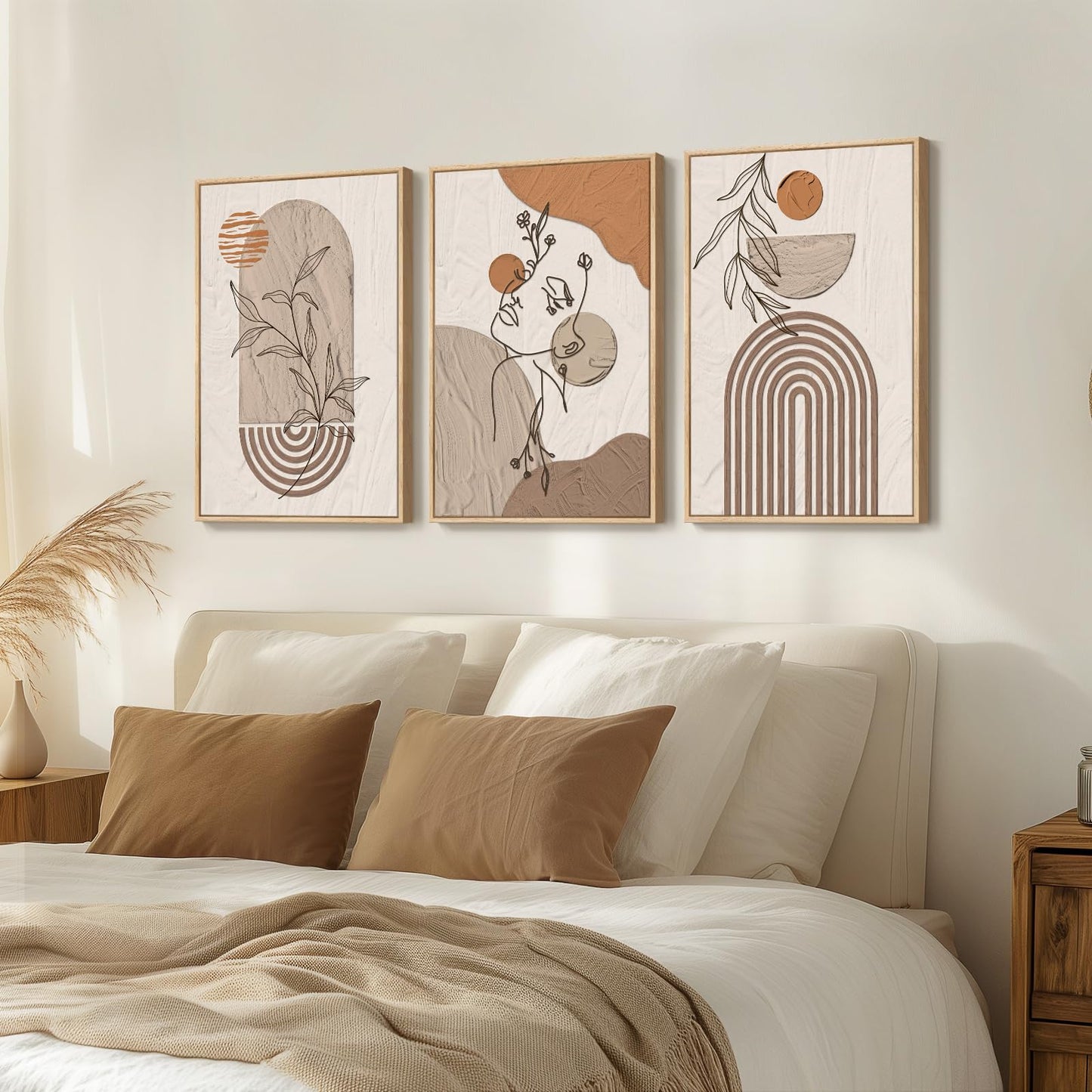 Framed Boho Sage Green Wall Art for Living Room, Large Mid Century Modern Tropical Leaf Canvas Artwork for Walls, 3 Piece Beige Orange Bohemian Wall Art Prints for Bedroom Kitchen Hallway, 16x24 Inch