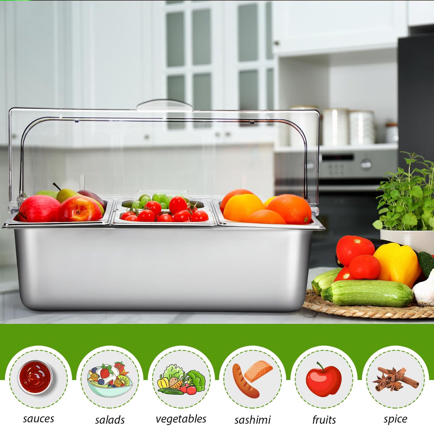 Ziliny 4 Pans Countertop Ice Food Serving Display Container and Clear Roll Top Cover Stainless Steel Condiment Dispenser Serving Tray Salad Bar Buffet Station for Restaurant Hotel Kitchen Party