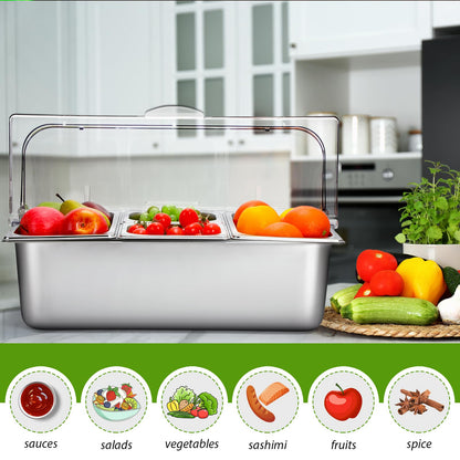 Ziliny 4 Pans Countertop Ice Food Serving Display Container and Clear Roll Top Cover Stainless Steel Condiment Dispenser Serving Tray Salad Bar Buffet Station for Restaurant Hotel Kitchen Party