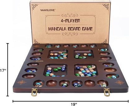 VAMSLOVE Mancala 4 Player Board Game Set Luxury Solid Wood Folding Mancala Board 96+12 Bonus Multi Color Glass Stone Beads Game Instructions Included