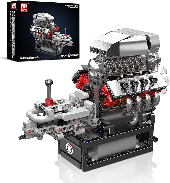 Mould King 10225 V8 Engine Model kit That Runs- Build Your Own STEM V8 Model Engine with Transmission 8-Cylinder Car Engine kit Building Engineering Toys for Adults Collections (855+PCS)