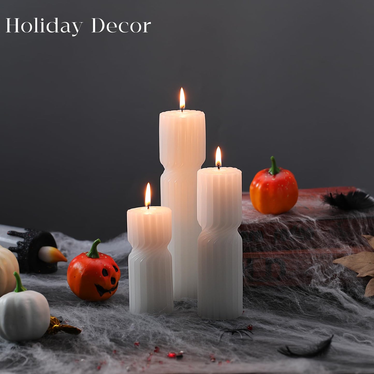 LETINE Ribbed Pillar Candles Set of 3 - White Unscented Soy Wax Spiral Spire Candles for Home Decor, Bulk Candles for Entryway Table, Living Room, Shelf & Coffee Table Decor Aesthetic