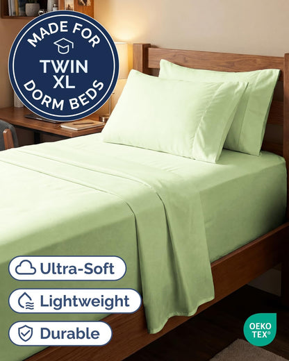Skiennix Extra Deep Twin XL Sheet Set | 4-Piece Breathable Cooling Sheets - Hotel Luxury Bedding - Light Sage