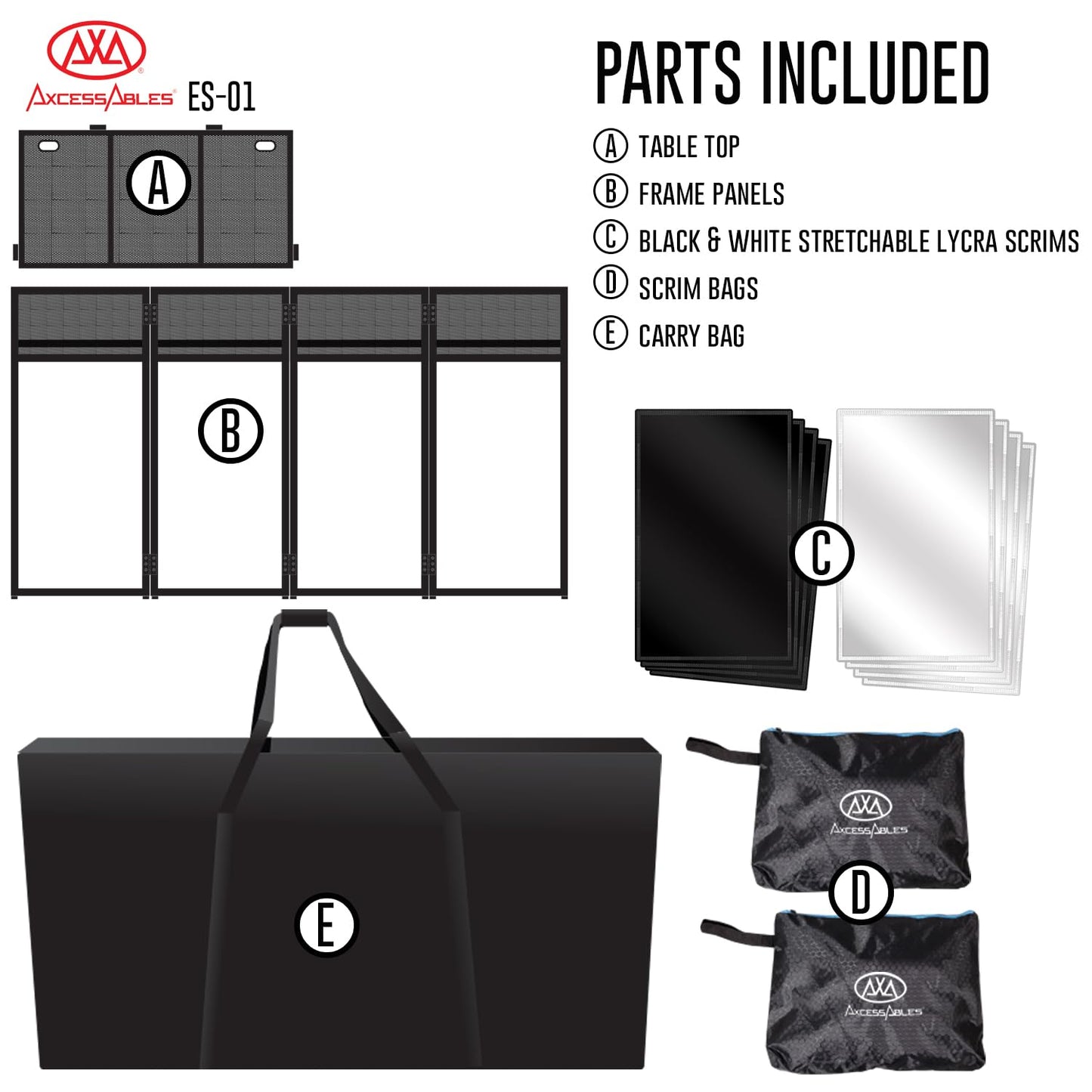 AxcessAbles Portable DJ Facade Booth with Black and White Lighting Scrims, Carry Cases | Standing DJ Table - 40" x 20" | DJ Controller Stand | Recording Mixer Stand | DJ Booth (ES-01)