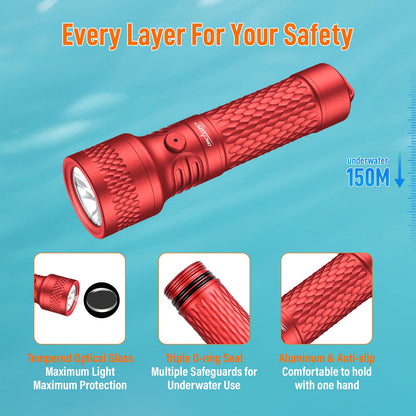 ORCATORCH ORCA7 Dive Light, 3000 Lumens SOS Signal Scuba Diving Flashlight, 6° Narrow Beam Underwater Torch, IP68 Waterproof Rated to 150M for Night Diving, Cave Exploration&Technical Scuba Gear (Red)