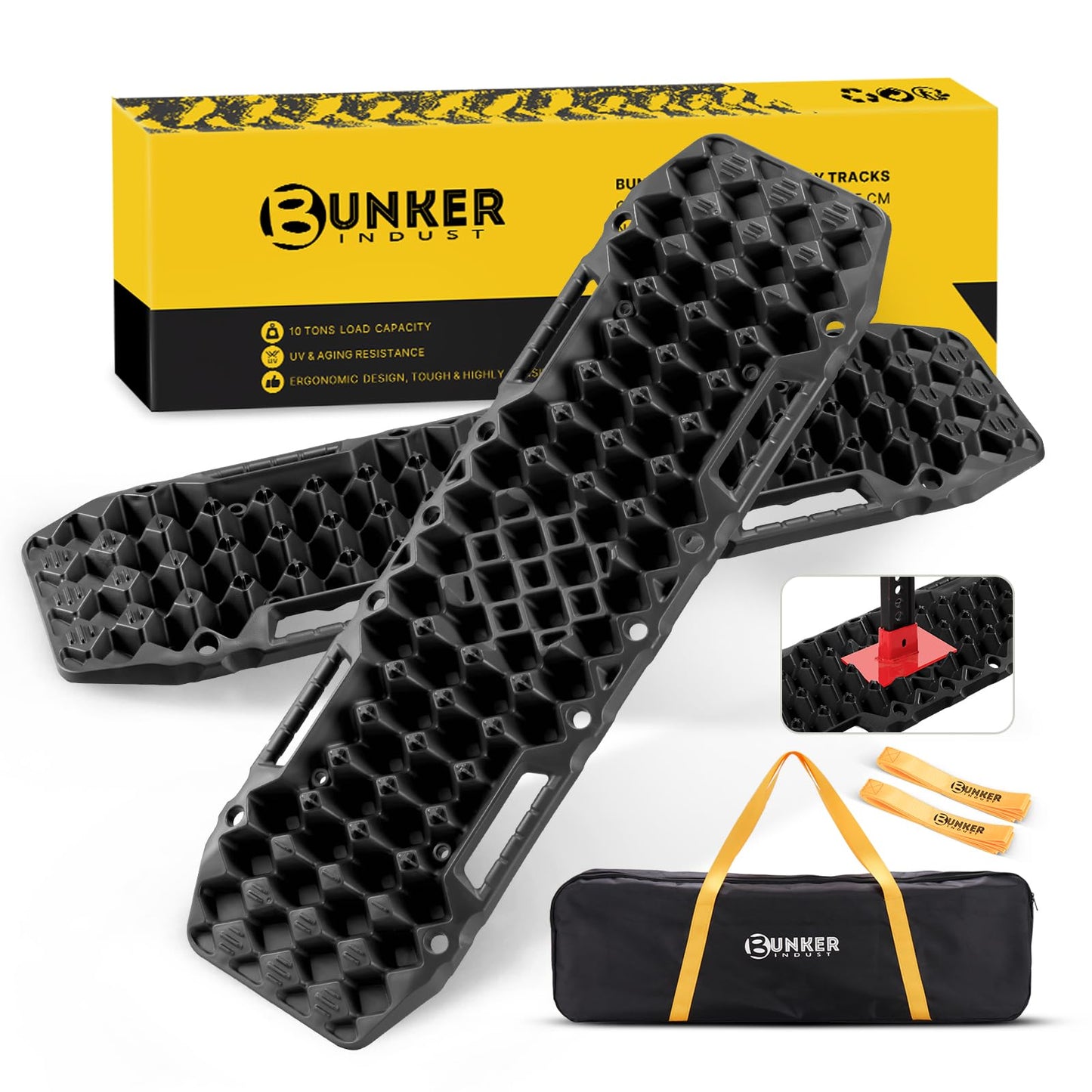 BUNKER INDUST Off-road Traction Boards with Jack Base,Pair Recovery Track 4X4 Jeep Truck Emergency Tire Traction Mat with Bag -Sand, Mud, Snow Tracks Black Traction Pad (Gen 7th)