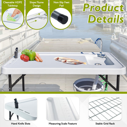 Avocahom Folding Fish Cleaning Table Portable Camping Sink with Faucet Drainage Hose & Sprayer Outdoor Fillet Station Grid Rack Knife Groove for Picnic Fishing, Black