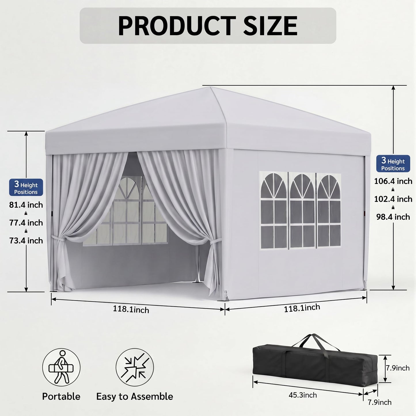 KIGOTY 10x10 FT Portable Pop Up Canopy Tent, Adjustable Height Instant Gazebo with Sidewalls, One-Push Setup Outdoor Canopy for Camping, Parties, Vendor Events (White, 3m × 3m)