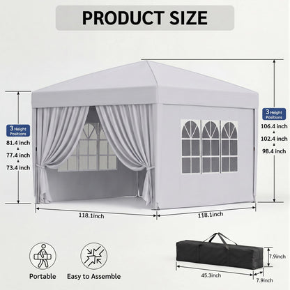 KIGOTY 10x10 FT Portable Pop Up Canopy Tent, Adjustable Height Instant Gazebo with Sidewalls, One-Push Setup Outdoor Canopy for Camping, Parties, Vendor Events (White, 3m × 3m)