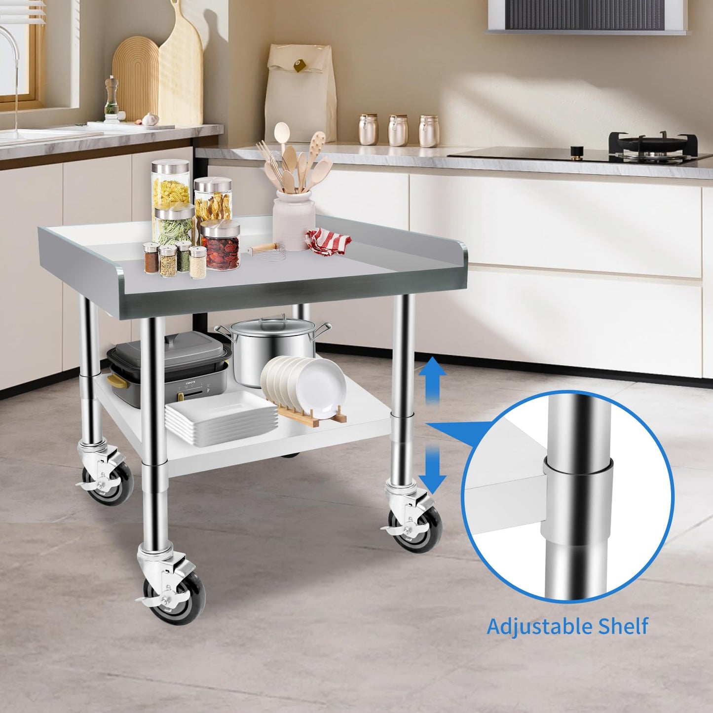 Hutioai Stainless Steel Worktable with Under Shelf & 360° Lockable Casters - Practical for Commercial Kitchens & Workshops (24 * 24 * 26in)