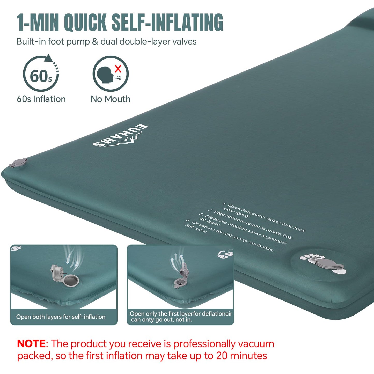 EUHAMS Camping Sleeping Pad – Ultra-Thick Self-Inflating Memory Foam Mattress with Pillow, Double Camping Pad with Foot Pump, Portable 4-Season Sleeping Mat for Car, Tent & Travel, Full Size