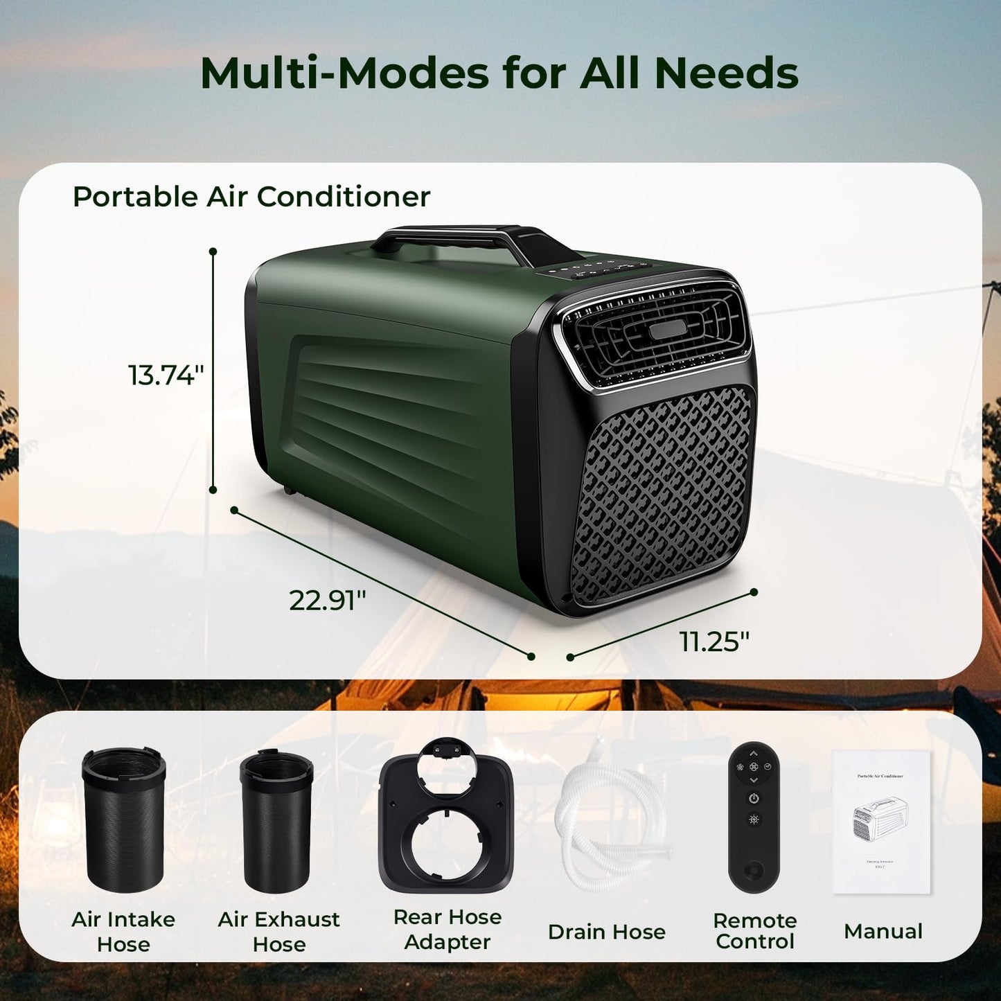 5200 BTU Portable Tent Air Conditioner for Camping, RV, Truck, Fishing. 400W Consumption Fast Cooling AC Unit for Outdoor Indoor Using, 4-in-1 Portable AC for Road Trips, Camping Adventures(Green)