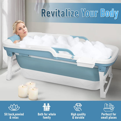 Portable Bathtub Adult,51" Foldable Large Collapsible Tub with Handle,Freestanding Surround Collapsible Bathtub,No Lid,Hot Bath,Ice Bath Blue 130 cm
