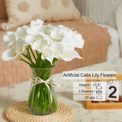 Heleze 30 PCS Artificial Calla Lily Flowers Bouquet Faux Branches for Vase Fake Flower 13.5" Real Touch for DIY Mother's Day Wedding Party Decoration Pure White