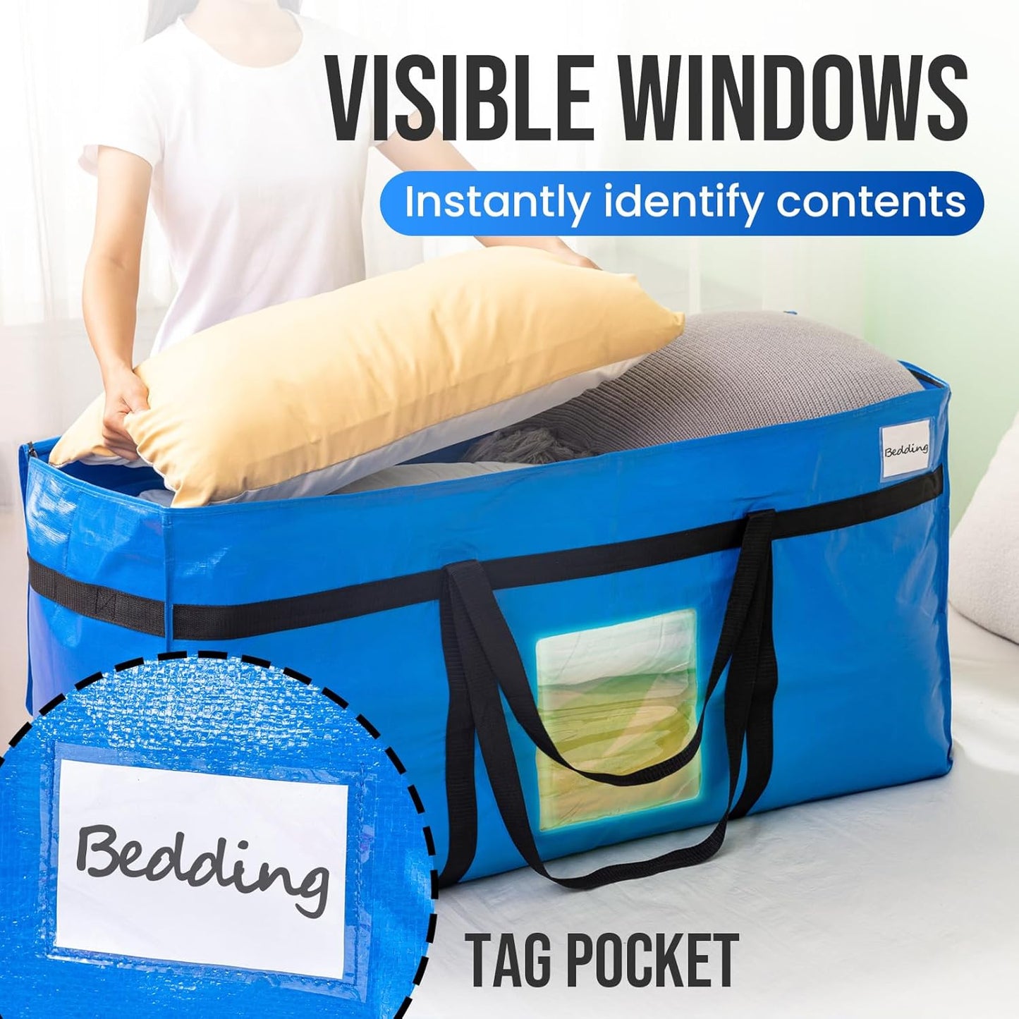 TAILI Extra Large 69 Gallon Storage Bags - Heavy Duty Blue Moving Totes with Visible Window | 2 Pack