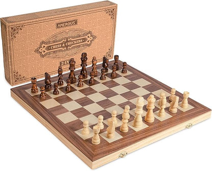 AMEROUS 15'' Wooden Chess &amp Checkers Set 2 in 1 Board Games -2 Extra Queens -24 Cherkers Pieces - Gift Box Packed - Chessmen Storage Slots Beginner Chess Set for Kids and Adults