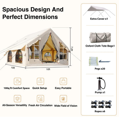 KNUO 2026 Upgraded Waterproof Inflatable Camping Tent for 5-8 People, Large Blow-Up Air Tent, No Assembly Needed Luxury Glamping House, 10x10ft Oxford Fabric, Beige