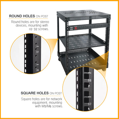 RIVECO 12U Network Rack with Reinforced Top Cover - 4 Post Floor Rack on Wheels for 19" Equipment & Stereo Gear- Including Rack Mount Power Strip & 1PCS 1U Rack Shelf