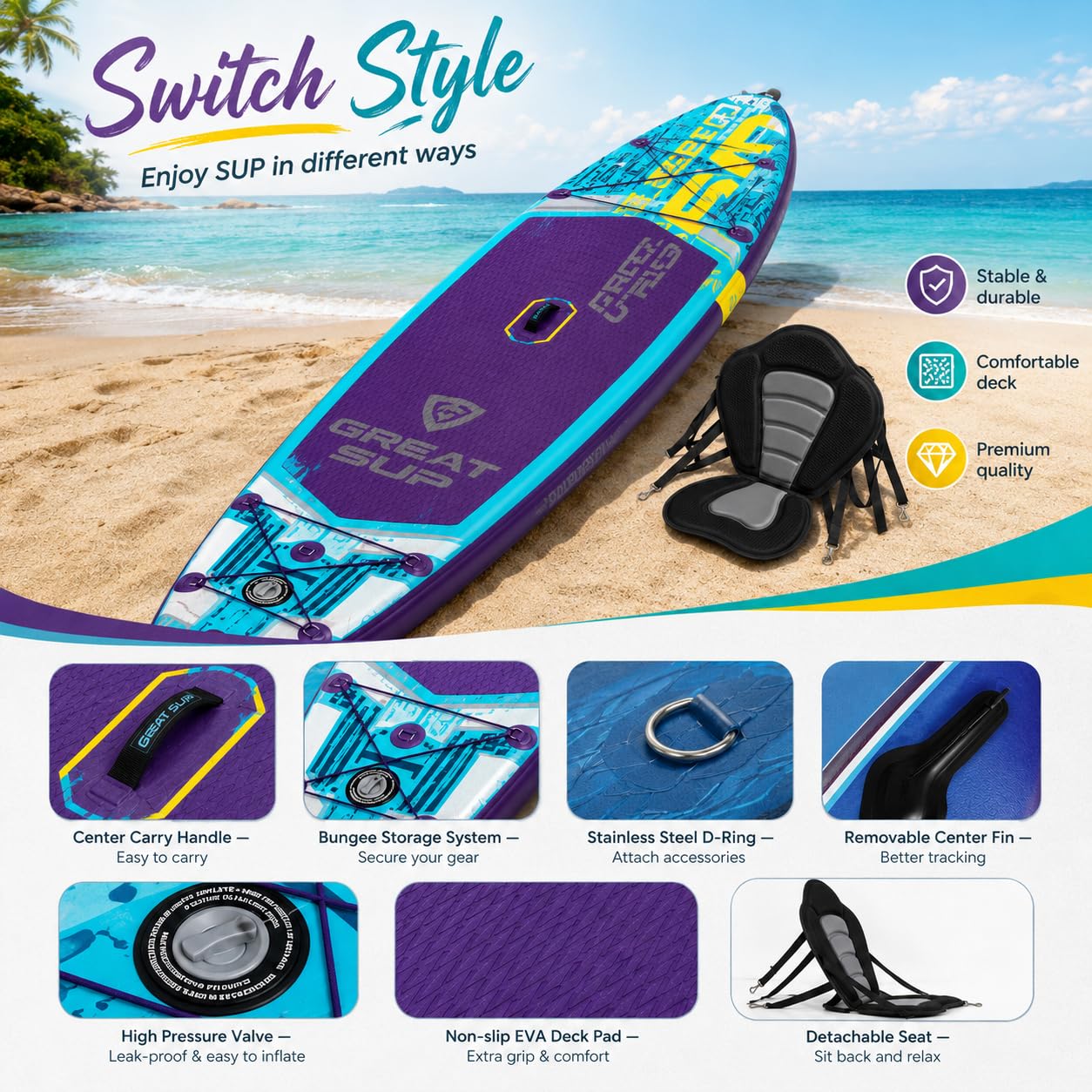 11'6'' Inflatable Stand Up Paddle Board for Adults, Non Slip Deck Blow Up Paddle Board for Fishing Yoga, Paddleboards with SUP Accessories, Fins, Leash, Air Pump, Seat, Backpack