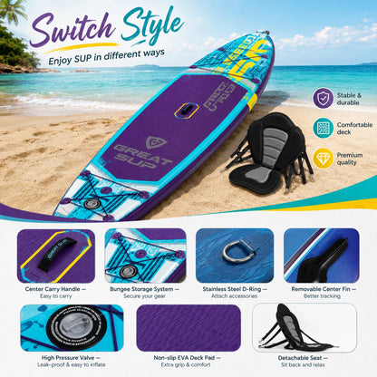 11'6'' Inflatable Stand Up Paddle Board for Adults, Non Slip Deck Blow Up Paddle Board for Fishing Yoga, Paddleboards with SUP Accessories, Fins, Leash, Air Pump, Seat, Backpack