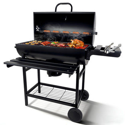 Charcoal Grill with Lid, 27" Outdoor BBQ Grill with Thermometer, Side Shelves, Wheels & Ash Catcher, Large Barrel Charcoal Smoker for Backyard, Camping & Outdoor Cooking
