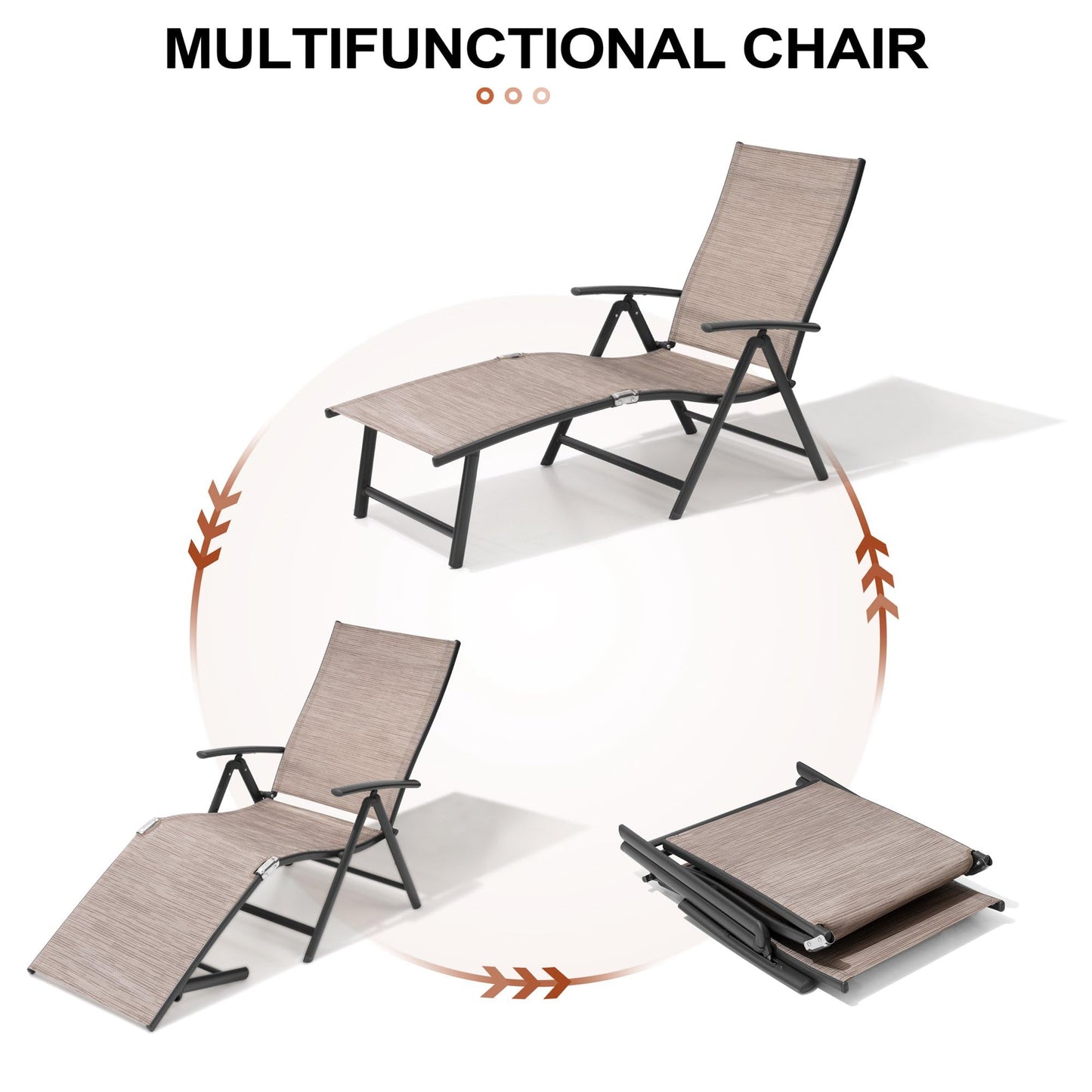 Crestlive Products 2PCS Chaise Lounge Chair Outdoor with 1PC Side Table, Aluminum Folding Patio Recliner Chair, Adjustable 8 Positions Assemble-Free