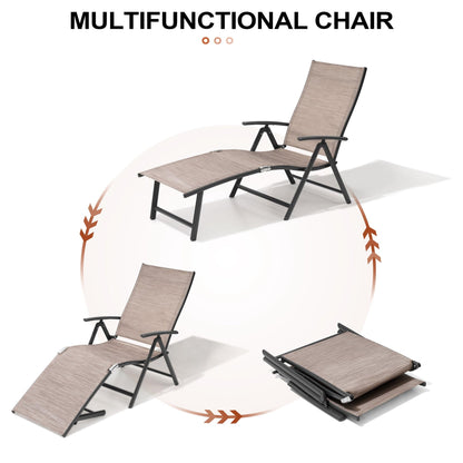 Crestlive Products 2PCS Chaise Lounge Chair Outdoor with 1PC Side Table, Aluminum Folding Patio Recliner Chair, Adjustable 8 Positions Assemble-Free