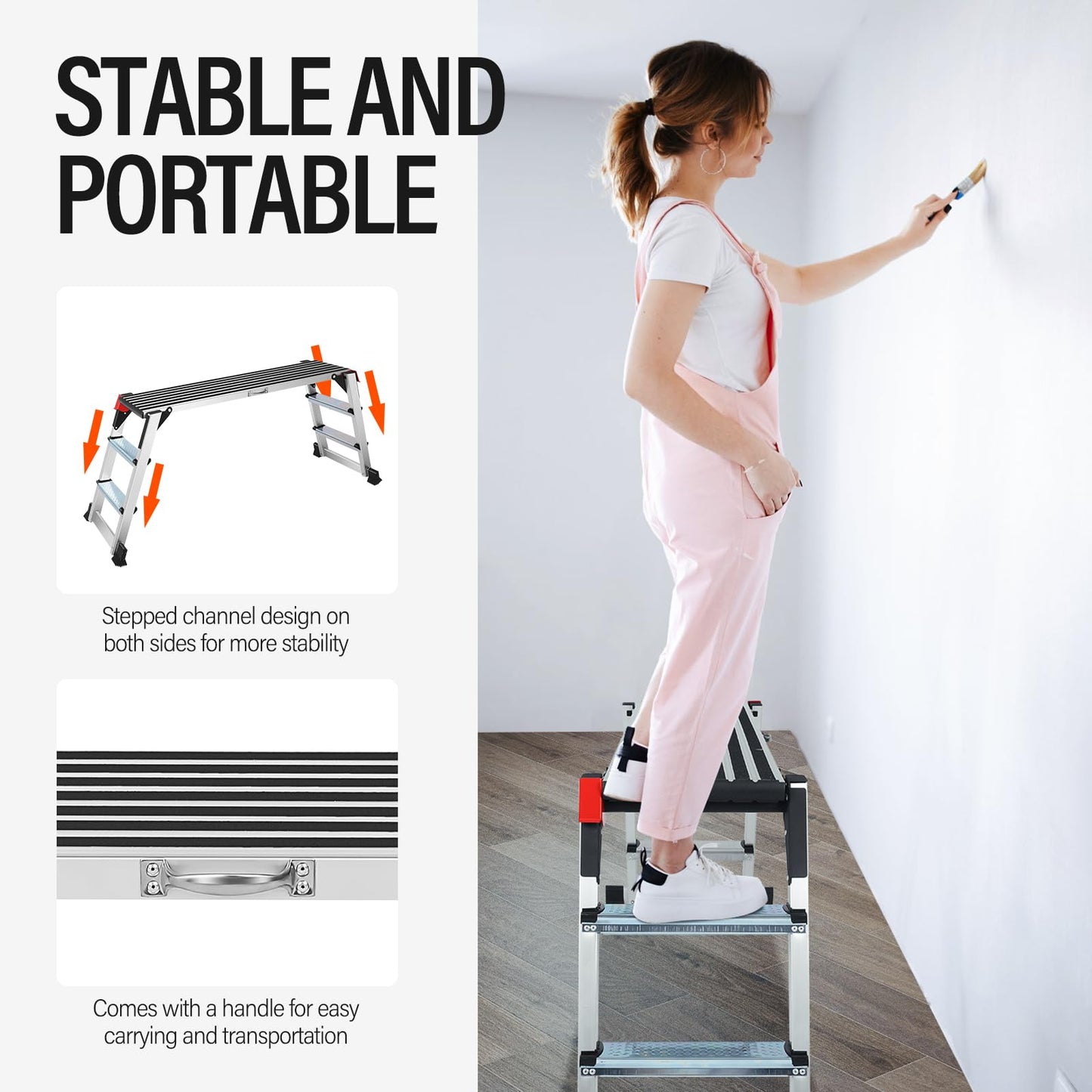 Work Platform, Folding Work Platform with Non-Slip, Aluminum Work Platform, Heavy Duty Step Ladder with Safety Lock, 45"×12"×27" Step Stool Foldable for Washing Vehicles Cleaning Painting