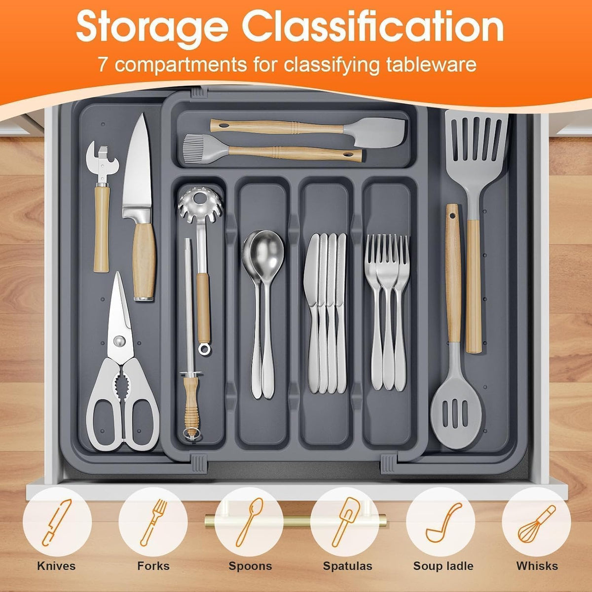 SpaceHacks Silverware Organizer - Adjustable & Expandable Utensil Holder | BPA-Free Cutlery Tray in Medium Grey