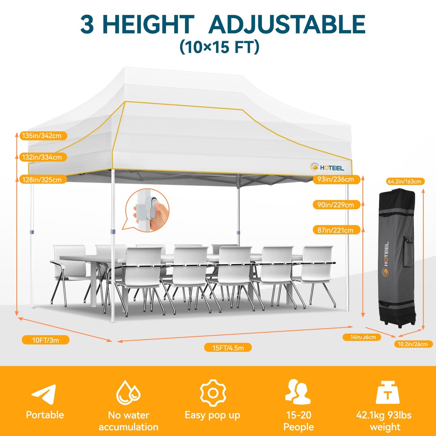 Hoteel 10x15 Pop Up Canopy Tent Heavy Duty with 4 Sidewalls, Waterproof Party Tent, Easy Set-up Commercial Instant Tents with Roller Bag & Sandbags, Hexagonal Leg (1-Year Warranty)