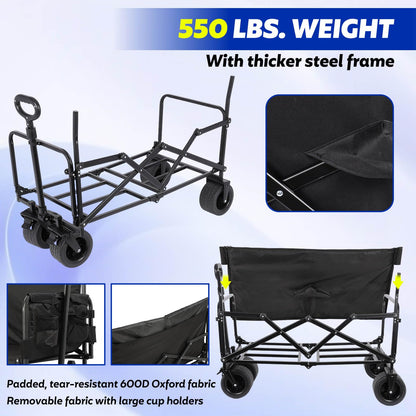 Portable Collapsible Folding Wagon, 550LBS Heavy Duty Utility Carts,Reclining Camper, Expandable Storage, Padded and Wheeled, All Terrain Wheels, Great for Camping, Outdoors, Shopping (Black)