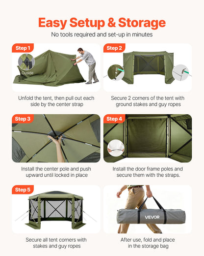 VEVOR Pop up Gazebo Screen Tent, 12 x 12 ft Large 6-Sided Camping Canopy Tent with Removable Top & Carry Bag, Quick-Set & Bite-Proof, Screen House Sun Shelter for 8-10 Persons Backyard Patio, Green