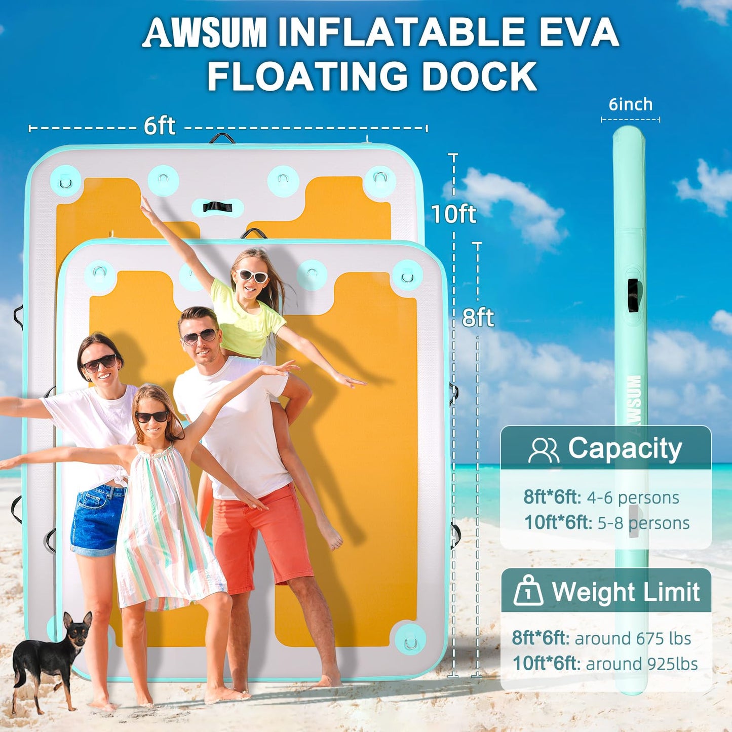AWSUM Inflatable Floating Dock, 8ft/10ft Non-Slip EVA Inflatable Swim Platform Dock for Lake, Inflatable Water Mat Floating Island Raft for Pool Beach Ocean