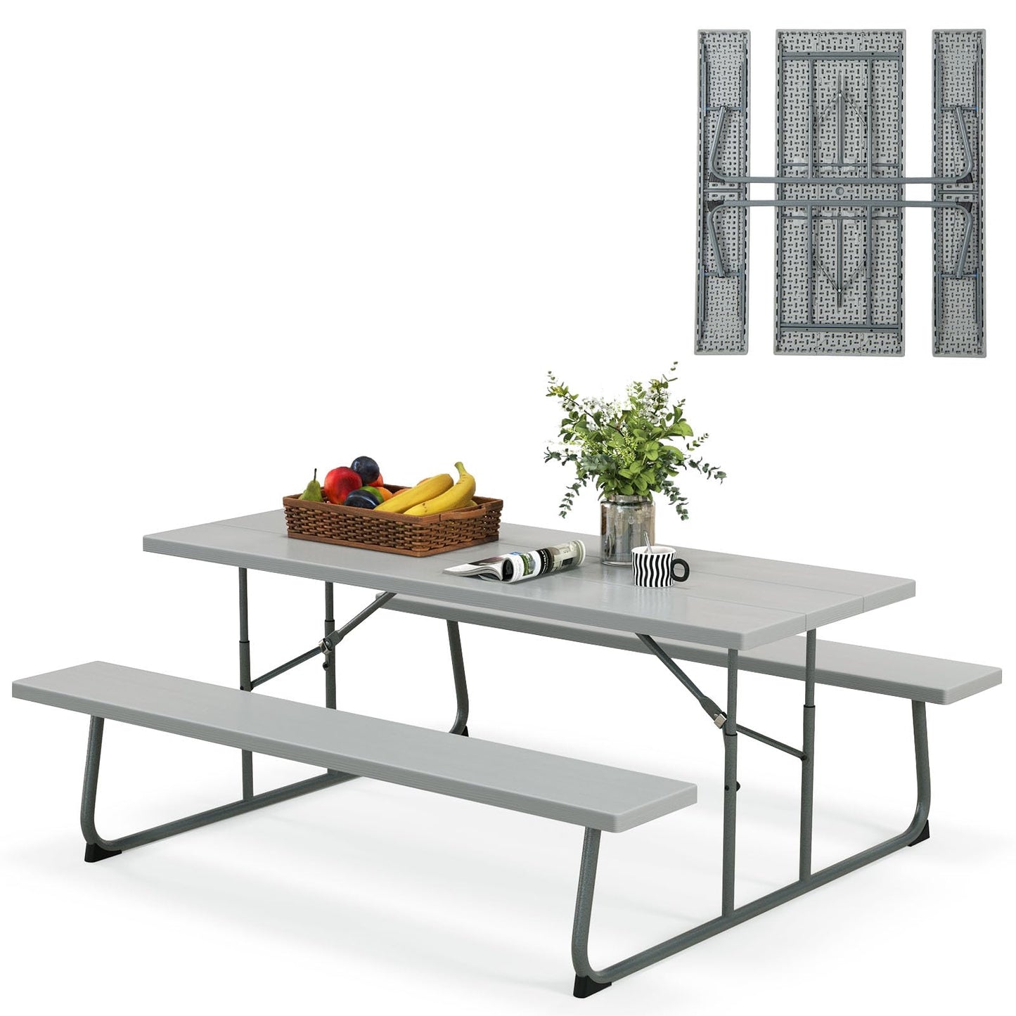 Tangkula 6 Ft Folding Picnic Table, Outdoor 8 Person Large Picnic Table Set with 2 Built-in Benches, Umbrella Hole, Metal Frame & HDPE Tabletop for Garden, Backyard (Grey)