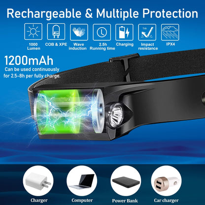 Lytoybe 20Pack Headlamp Rechargeable, 1000 Lumen Headlamps for Adults, 230 Angles Wide Beam Headlamp & Spotlight, 6 Modes, Lightweight Head Lamps for Camping Running Cycling 20pcs