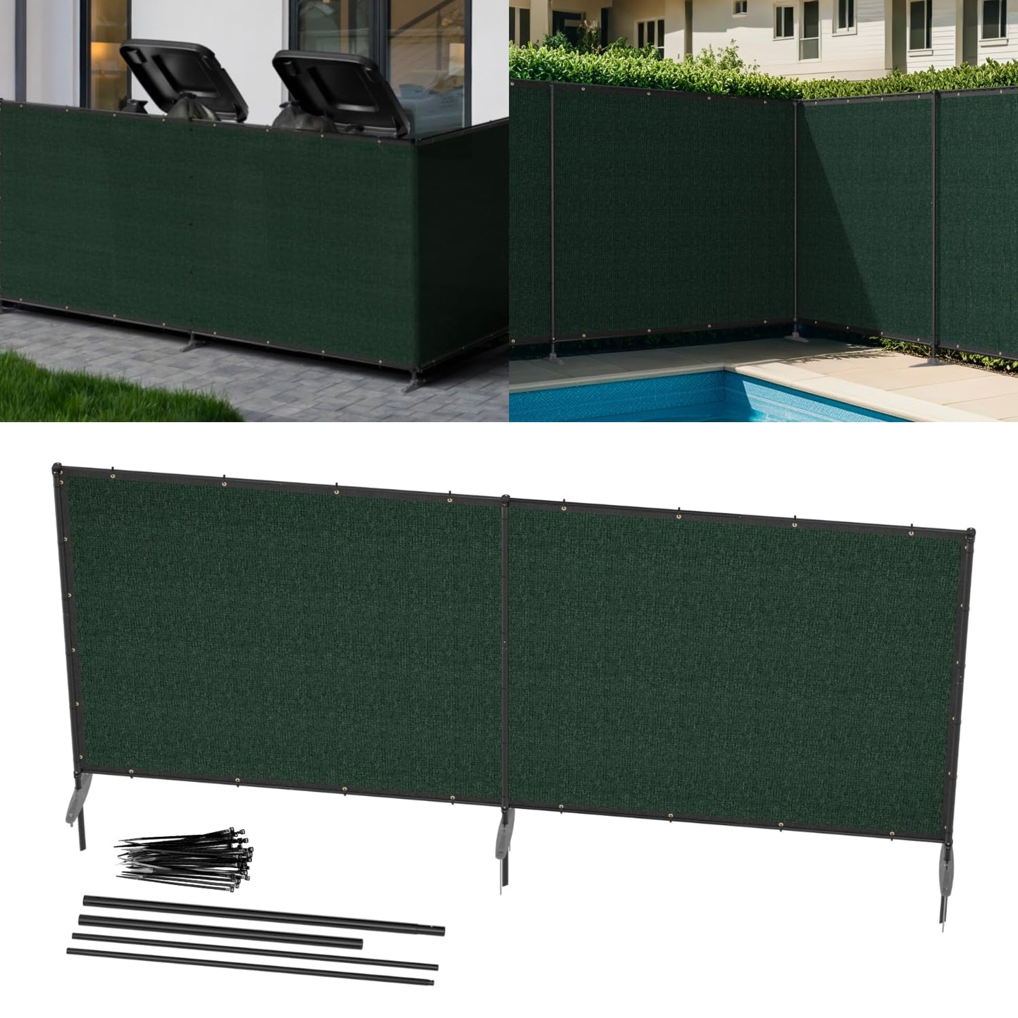Coonoble 5' x 12' Green Outdoor Privacy Screen Freestanding 240 GSM Privacy Fence Panels for Outside, Pool Fences with Poles, Backyard Temporary Fencing, Privacy Wall Ground Pole Fence