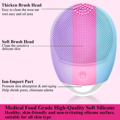 Facial Cleansing Brush, 3-in-1 Electric Soft Silicone Waterproof Face Scrubber, USB Rechargeable IPX7 Waterproof Sonic Vibrating Face Brush for Deep Cleansing, Gentle Exfoliating and Massaging